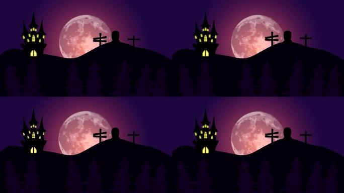 夜景与大恐怖城堡和墓地，动画