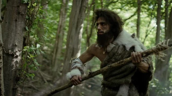 原始穴居人的肖像在史前森林中穿着动物皮和毛皮，用石尖矛狩猎。史前尼安德特人猎人准备在丛林中投掷长矛