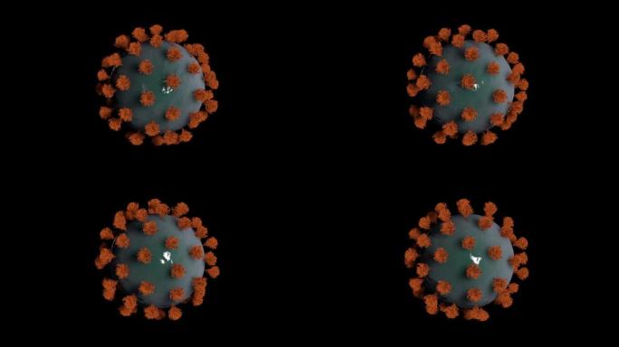 冠状病毒。新型冠状病毒肺炎。带有刷子的病毒分子在黑色背景上旋转。绿色细胞。4K. 3D动画。