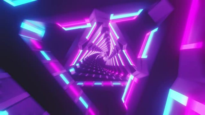飞过金属发光的旋转霓虹灯三角形创造隧道，蓝色红色粉色紫色光谱，荧光紫外线，现代七彩照明，4k无缝循环