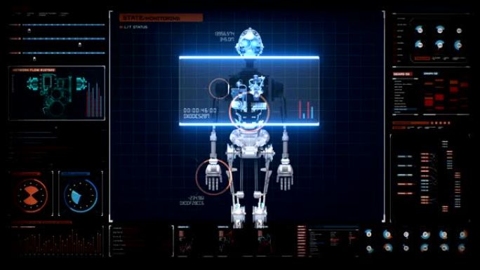 制造3D人形机器人机身，未来派用户显示扫描机身，人工智能，4k动画。
