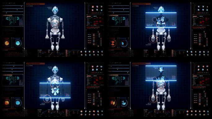 制造3D人形机器人机身，未来派用户显示扫描机身，人工智能，4k动画。