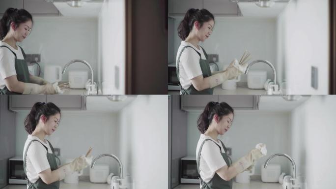 亚洲女性厨房洗碗家居生活刷碗打扫卫生