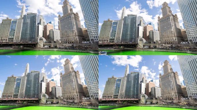 延时: 美国伊利诺伊州芝加哥圣帕特里克节的芝加哥河染河绿色与天际线城市景观