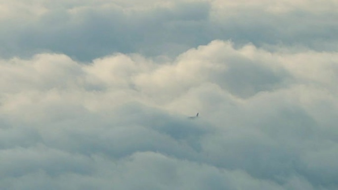 飞机在雾中飞行。穿云云朵大飞机
