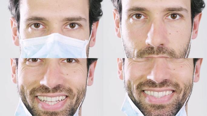 一个美丽的男人的肖像医生微笑着表现出完美的微笑，在专业诊所。