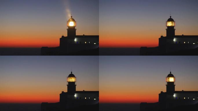 日落后的傍晚灯塔。葡萄牙圣文森特角。圣文森特是葡萄牙和欧洲大陆的最南端。4K