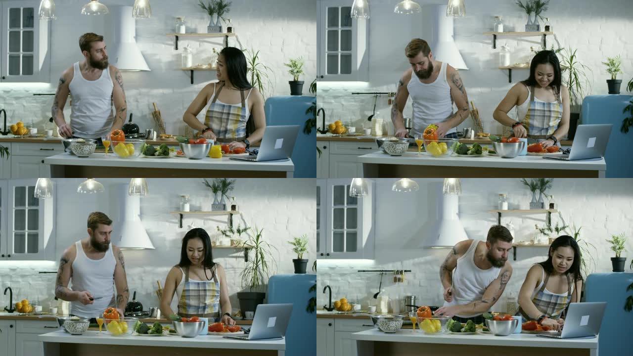夫妇在厨房切蔬菜