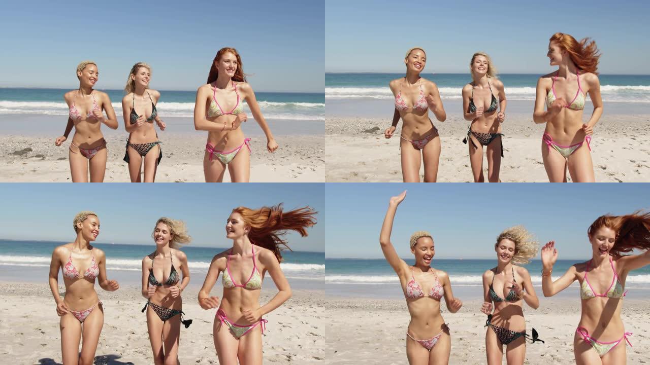 年轻的成年女性朋友在海滩上跑步4k