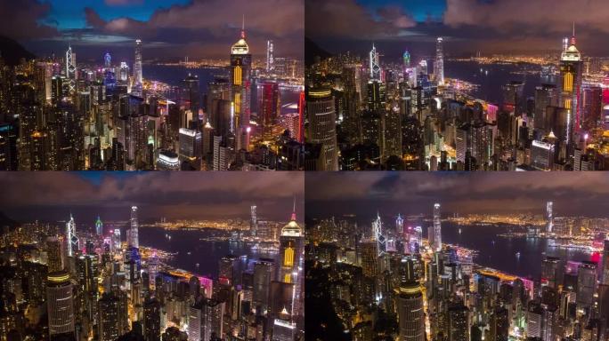 香港摩天大楼和城市景观在夜间的过度流失