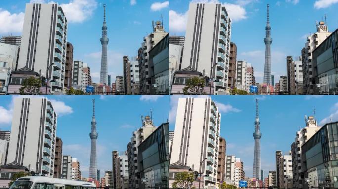 日本东京市各种建筑城市景观的东京晴空塔的时间流逝