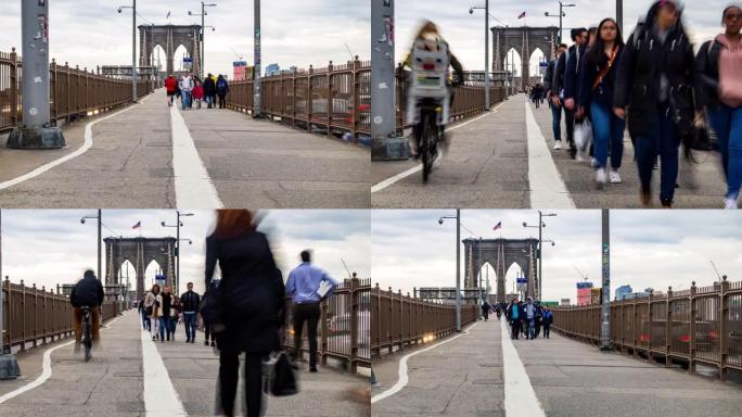时间推移:游客行人拥挤在布鲁克林桥，纽约，美国