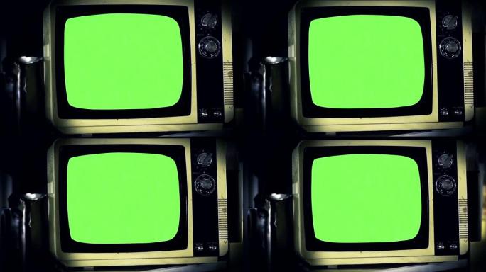 旧电视绿屏。特写。变白的色调。
