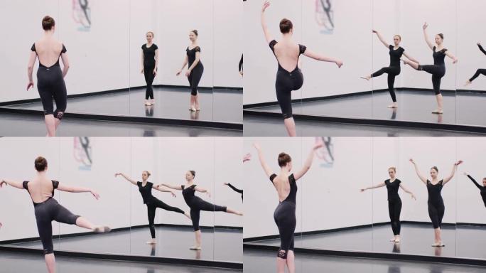 表演艺术学校的女学生在舞蹈工作室排练芭蕾舞，反映在镜子中
