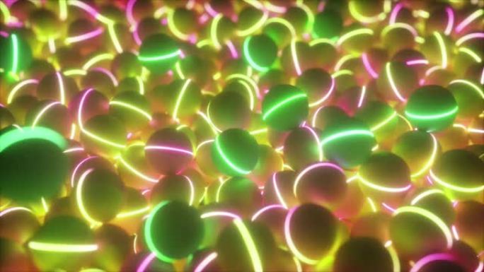 一堆抽象的霓虹紫外线彩色发光球和球
