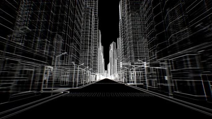 抽象现代城市中的空荡荡的街道通过黑色上的无缝数字3d蓝图移动。建设和技术概念。循环3d动画。