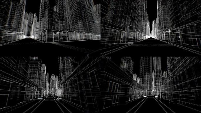 抽象现代城市中的空荡荡的街道通过黑色上的无缝数字3d蓝图移动。建设和技术概念。循环3d动画。