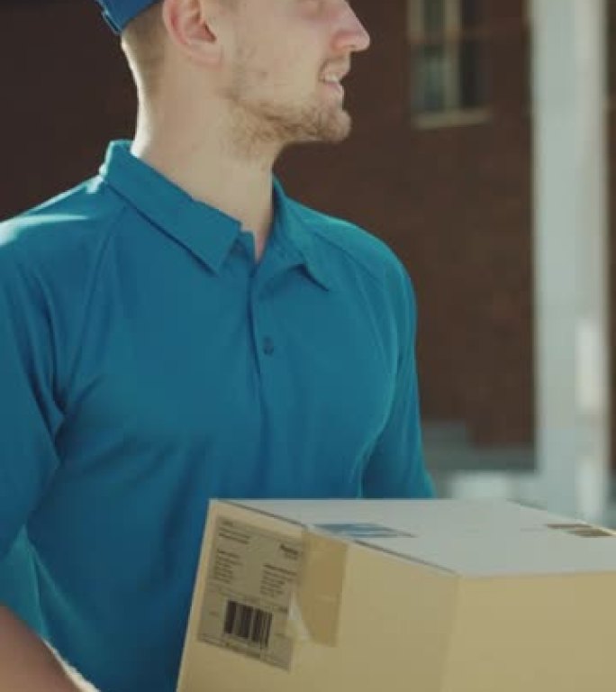 英俊的送货员拿着纸箱包装走过现代时尚的商业区。低角度慢动作。垂直屏幕方向视频9:16