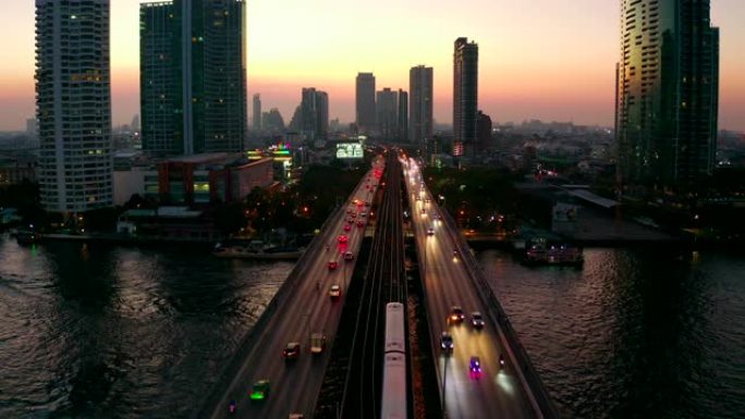 天亮的曼谷市夜色灯光繁华都市高楼夕阳