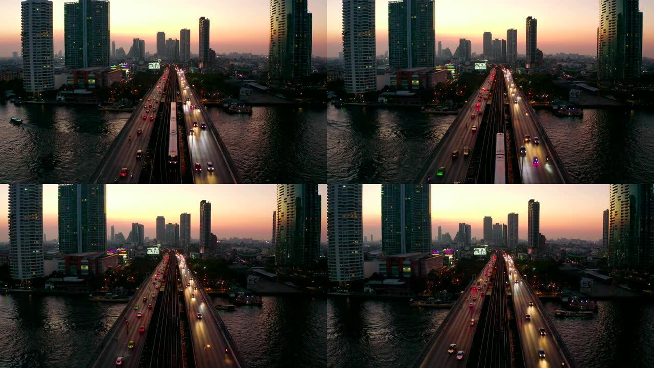 天亮的曼谷市夜色灯光繁华都市高楼夕阳