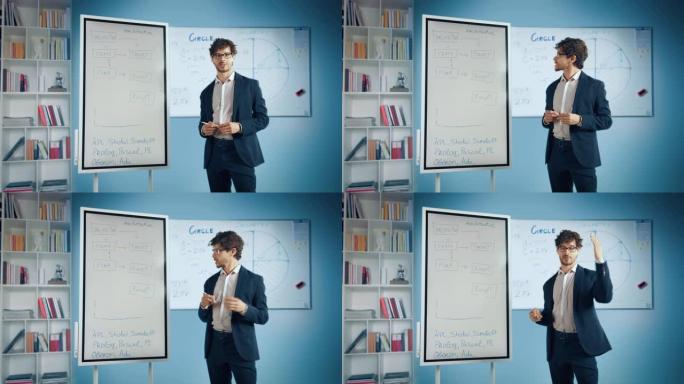 公司管理层的专业业务教练解释了如何有效地培训您的团队，使用触摸屏数字白板来说明工作方法并绘制统计图。