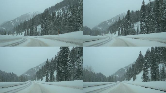 POV: 风景秀丽的汽车在令人叹为观止的落基山脉的雪道上行驶。