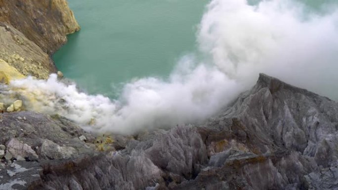 绿松石色酸性火山口湖边缘元素硫来源的全景照片。印度尼西亚东爪哇省伊延火山。