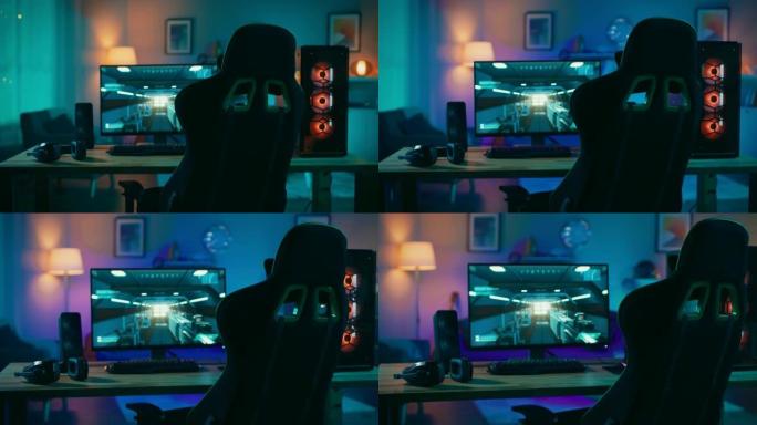 强大的个人电脑游戏装备与第一人称射击游戏暂停在屏幕上。显示器站在家里的桌子上。现代设计的舒适房间配有