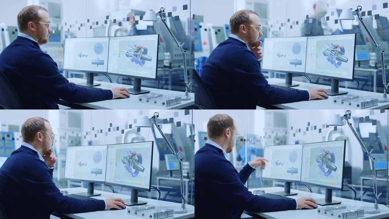 解决问题的男性工业工程师，在个人计算机上工作，两个监视器屏幕显示cad软件与混合动力发动机的3D原型