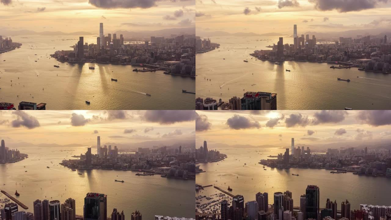 日落时分，维多利亚港和香港城市天际线的超影像
