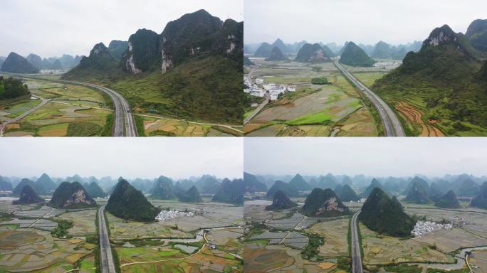 航拍 广西穿过喀斯特地貌的合那高速公路
