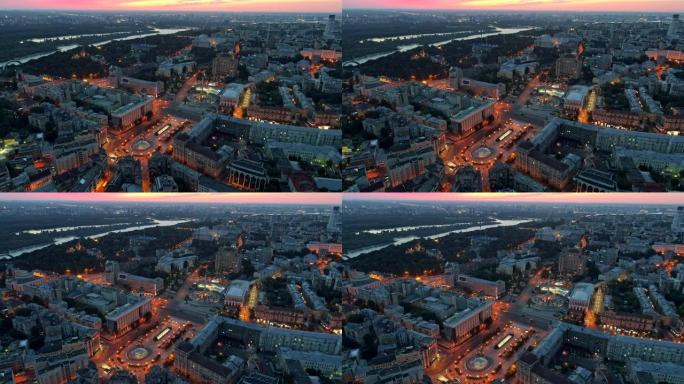 傍晚日落时，乌克兰基辅的Maidan Nezalezhnosti和第聂伯河的鸟瞰图。在图像的中央部分