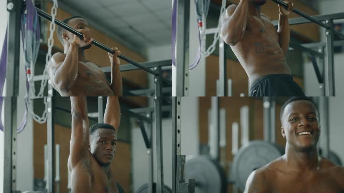 一名专业的年轻肌肉发达的非洲男子的电影镜头正在带戒指的健身房练习太极拳锻炼