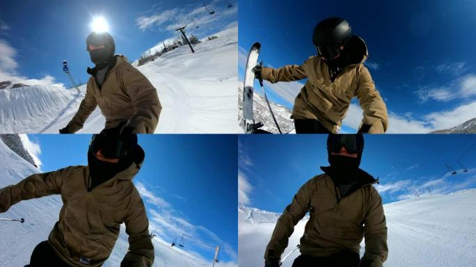 极端滑雪者在阳光明媚的日子做后空翻跳的慢动作观点