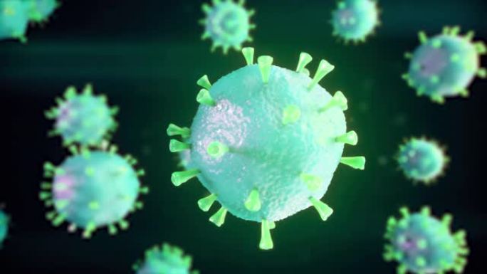 现实的病毒细胞在黑暗的背景下旋转。流感爆发和流感用红色显微镜病毒特写。大流行，医学概念。无缝循环3d