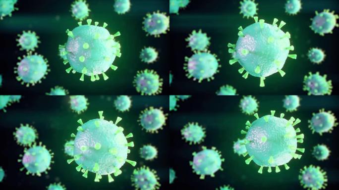 现实的病毒细胞在黑暗的背景下旋转。流感爆发和流感用红色显微镜病毒特写。大流行，医学概念。无缝循环3d
