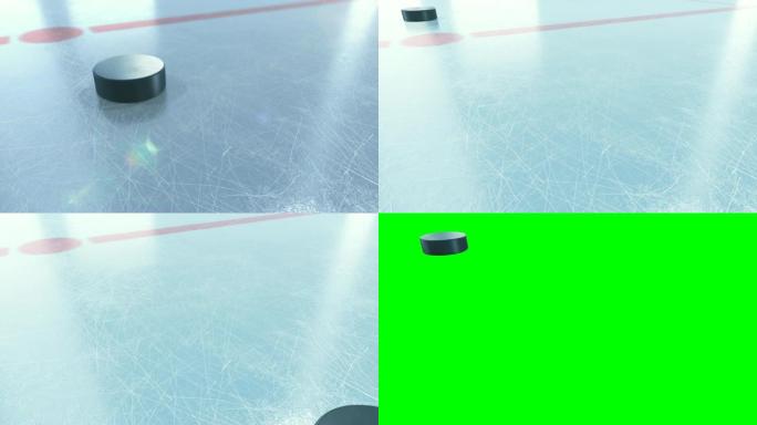 美丽的冰球在慢动作特写中在竞技场冰上滑动。绿屏阿尔法哑光上有和没有dof模糊和镜头耀斑的3d动画。主