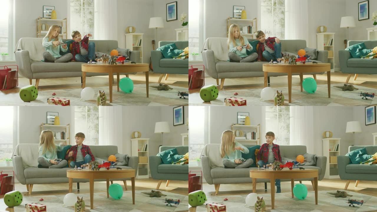 在家: 可爱的女孩在视频游戏机中玩耍，使用操纵杆控制器，她的年轻兄弟为她欢呼。他们胜利并快乐地庆祝。