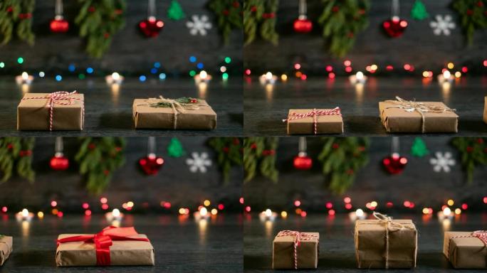 木质桌子上彩色的圣诞和新年假期礼盒