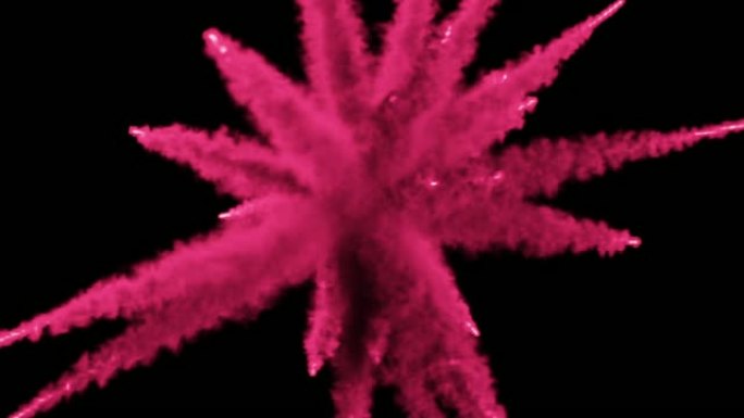 彩色粉末颗粒的CG 3d动画在黑色背景下爆炸后飞行。