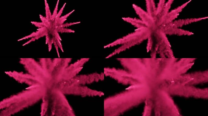 彩色粉末颗粒的CG 3d动画在黑色背景下爆炸后飞行。
