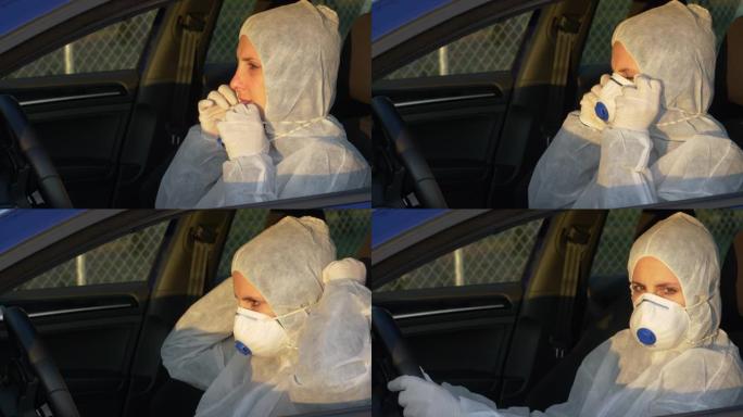 肖像: 病毒学家在开车去covid19震中之前戴上口罩。