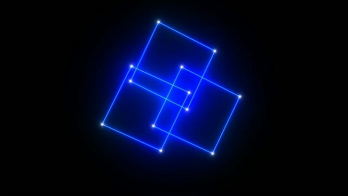 在黑色孤立背景上形成理想发光的红色三角形、蓝色正方形和橙色七角星的点的混沌运动。完美主义的概念。无缝