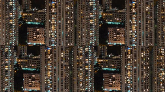 香港夜间照明建筑的延时城市景观