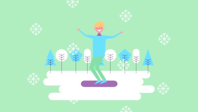 冬季雪景场景，男子穿着滑雪板