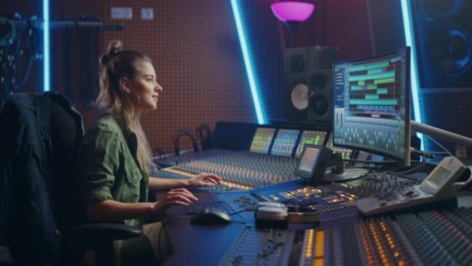 时尚的女性音频工程师在音乐录音棚工作，使用调音板，软件来创造现代声音。创意女孩艺术家音乐家在控制台工