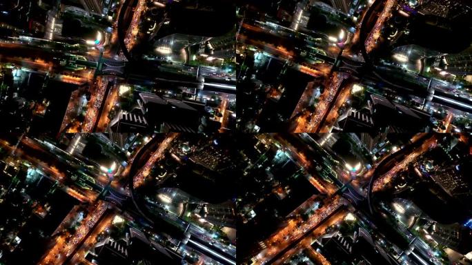 空中拍摄/超拍摄/延时拍摄/无人驾驶飞机-曼谷市、西隆/萨洪中央商务区与夜空塔的拍摄