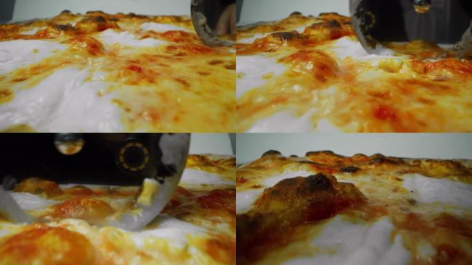 披萨被切的极端宏观。意大利的概念，健康和天然的食物和自制比萨饼面团。