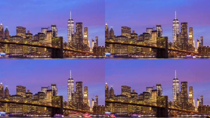 延时: 美国纽约日落暮光之城的布鲁克林大桥