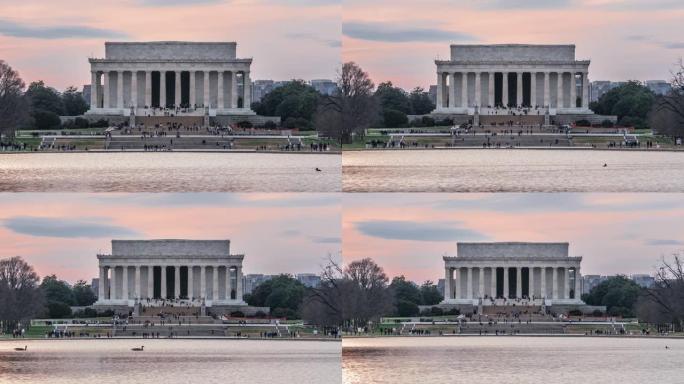 美国华盛顿特区带有反射池的林肯纪念堂的时间流逝
